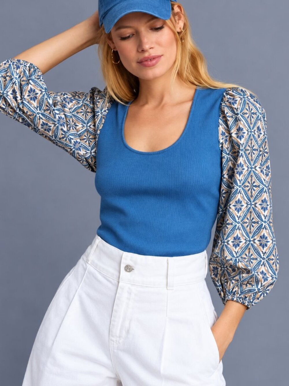 Anthropologie New Dolan Blue Balloon Sleeve Mix Media Blouse Top SZ Large Boho